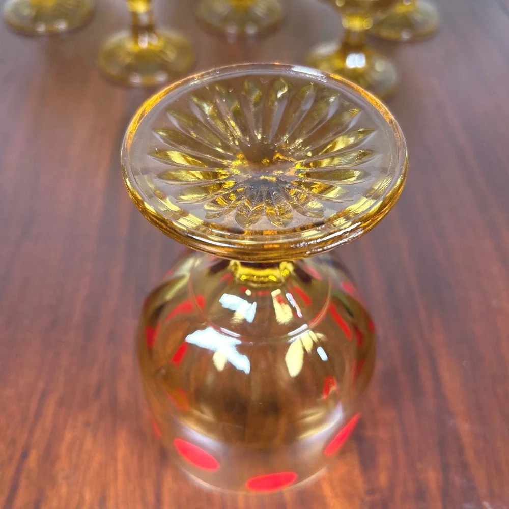 Anchor Hocking Amber Glass Red Polka Dot Goblets MCM Mid Century Barware SIX